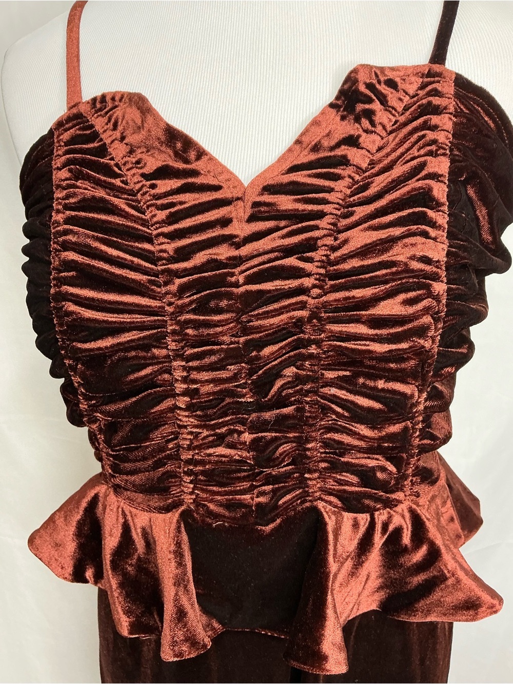 2202 - Ruched Velvet Peplum Maxi Dress in Deep Chocolate - Picture 3 of 12